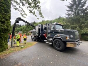 Workers using a Rock Rental truck