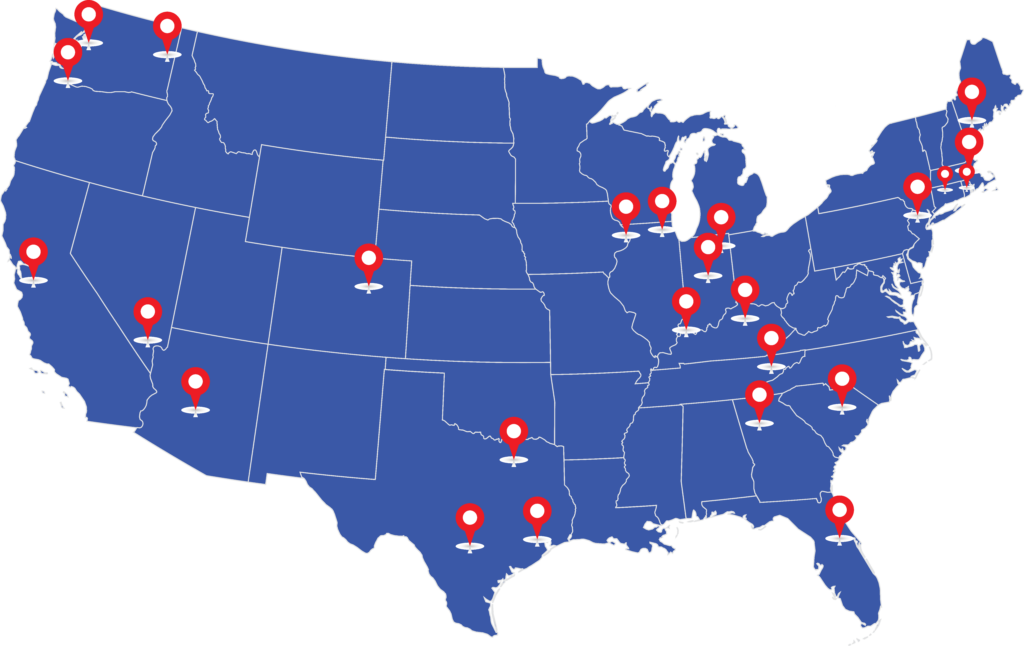 Map showing pins where service locations are located for Rock Rental.